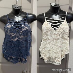 Express navy blue cream off white nude lace overlay cami swing tanks S bundle 2